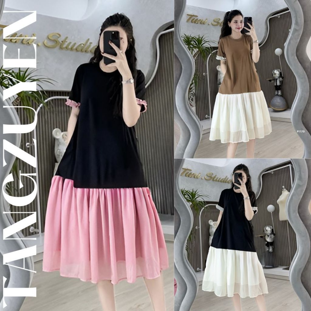 Đầm nữ Váy đuôi cá dáng dài cotton cộc tay phối bèo voan không cổ form rộng chubby bigsize bầu mặc được trẻ xinh T1245G