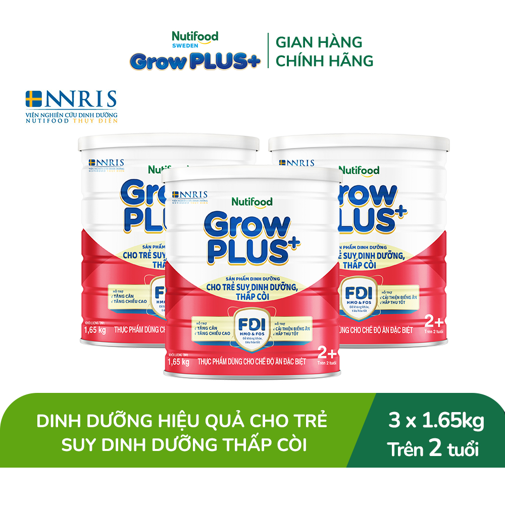 Combo 3 Sữa bột Nutifood GrowPLUS+ Suy Dinh Dưỡng (Đỏ) 2+ - Tăng Cân, Tăng Chiều Cao (3 Lon 1,65 Kg)
