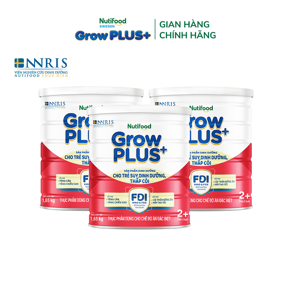 Combo 3 Sữa bột Nutifood GrowPLUS+ Suy Dinh Dưỡng (Đỏ) 2+ - Tăng Cân, Tăng Chiều Cao (3 Lon 1,65 Kg)