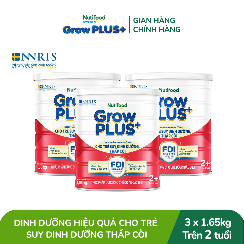 Combo 3 Sữa bột Nutifood GrowPLUS+ Suy Dinh Dưỡng (Đỏ) 2+ - Tăng Cân, Tăng Chiều Cao (3 Lon 1,65 Kg)