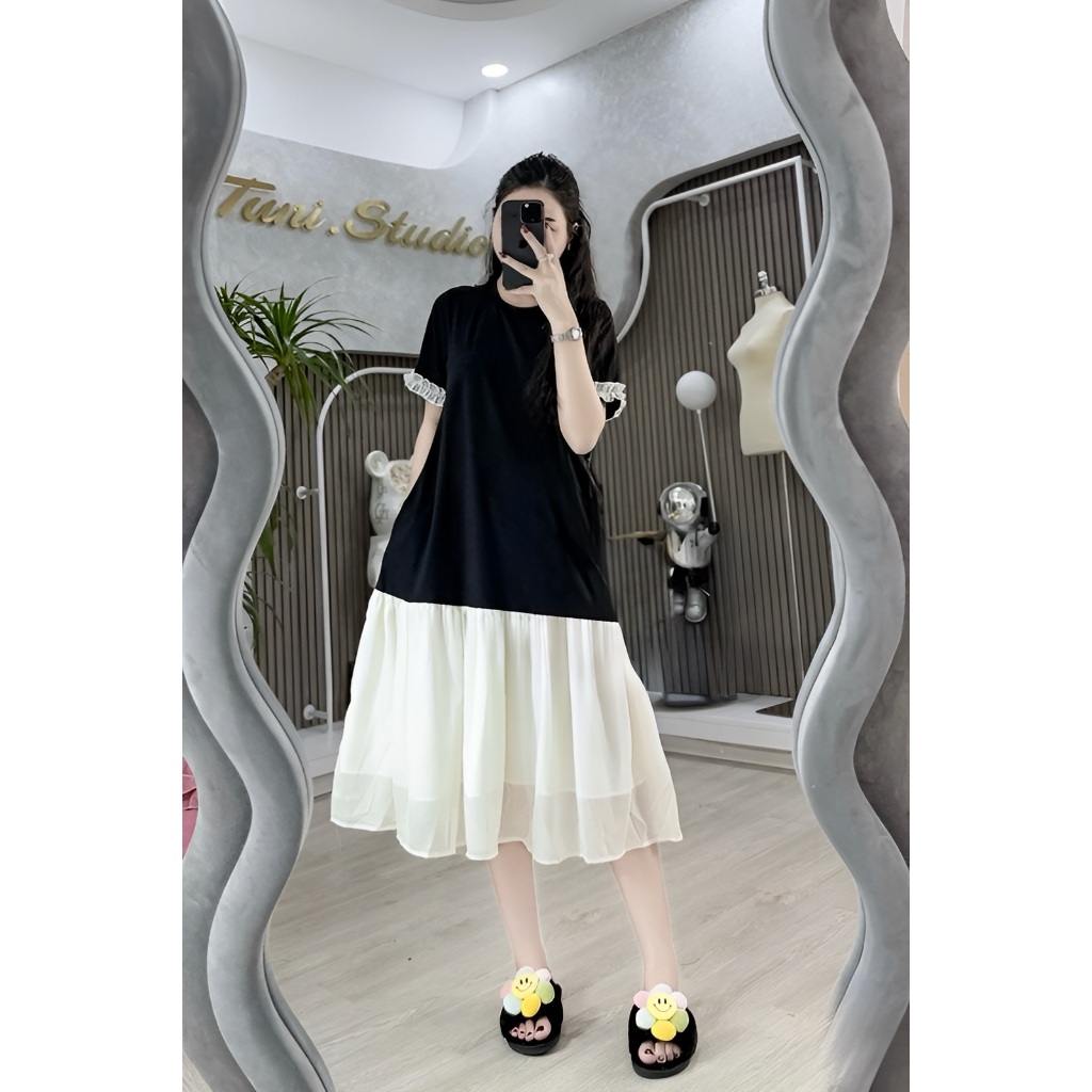 Đầm nữ Váy đuôi cá dáng dài cotton cộc tay phối bèo voan không cổ form rộng chubby bigsize bầu mặc được trẻ xinh T1245G