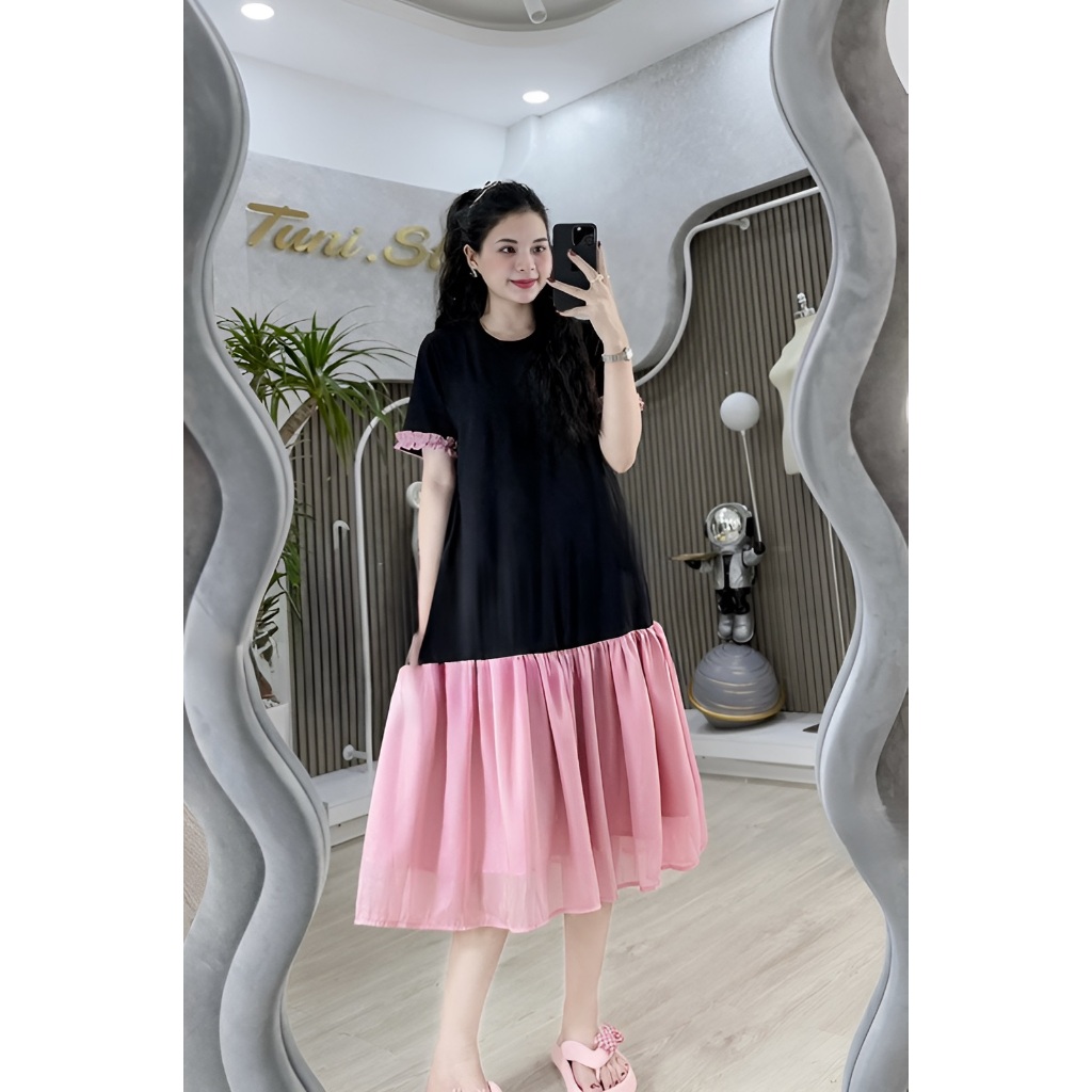 Đầm nữ Váy đuôi cá dáng dài cotton cộc tay phối bèo voan không cổ form rộng chubby bigsize bầu mặc được trẻ xinh T1245G