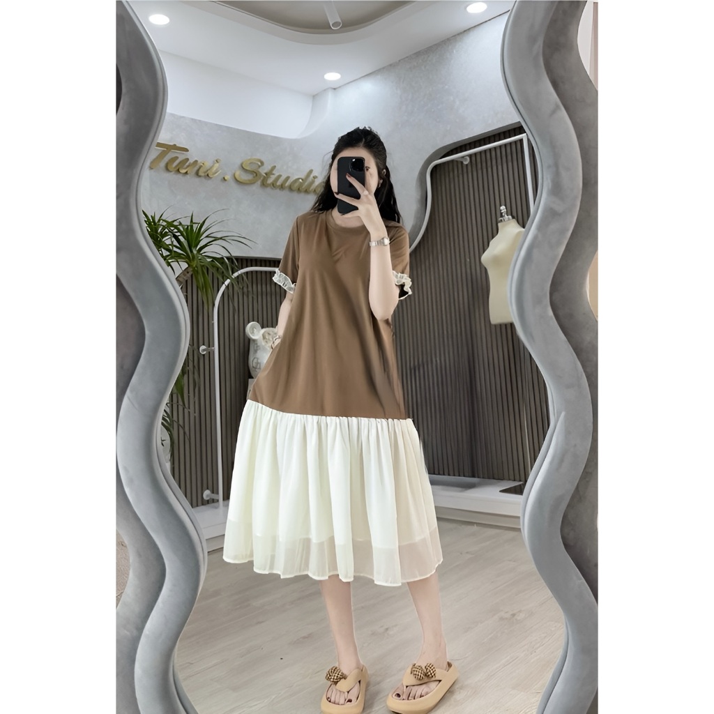 Đầm nữ Váy đuôi cá dáng dài cotton cộc tay phối bèo voan không cổ form rộng chubby bigsize bầu mặc được trẻ xinh T1245G