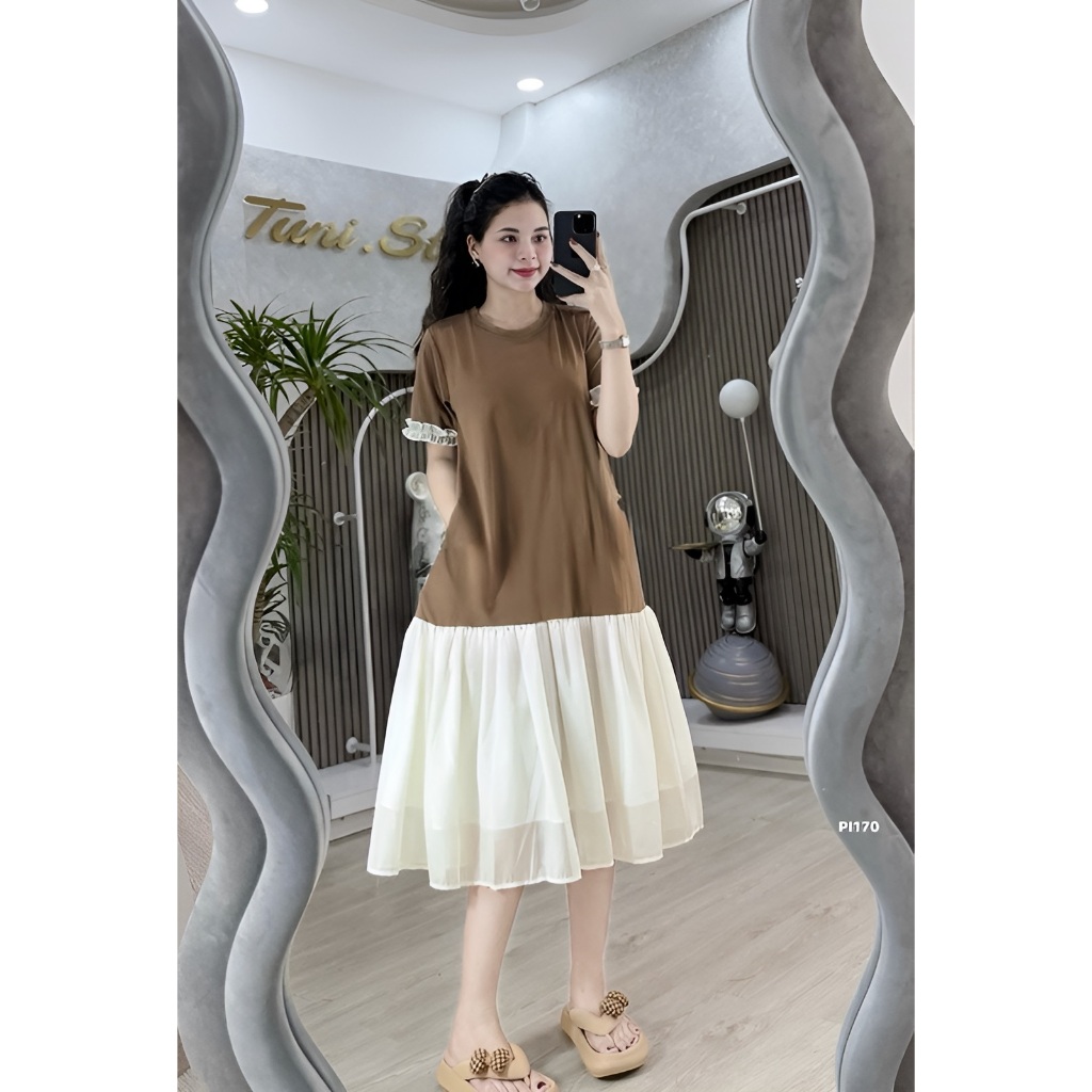 Đầm nữ Váy đuôi cá dáng dài cotton cộc tay phối bèo voan không cổ form rộng chubby bigsize bầu mặc được trẻ xinh T1245G