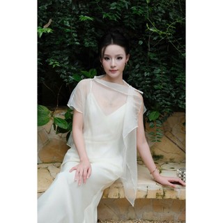 Váy Lụa 2 Dây Miolady Kèm Áo Choàng Tơ Dáng Dài – Bộ 2 Món Sang Trọng Đi Tiệc Cưới VA012