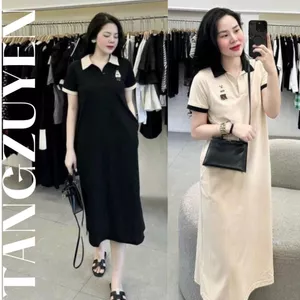 Đầm suông Váy thun polo dáng dài cổ phối màu thêu logo gấu dáng rộng cộc tay nữ ngắn tay cổ bẻ phối viền bầu xinh T1236G