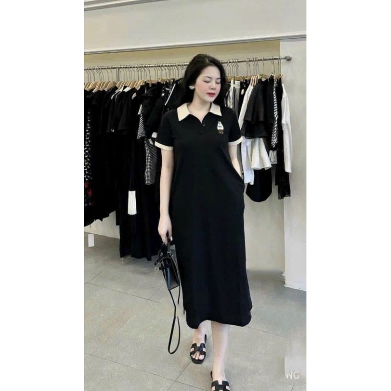 Đầm suông Váy thun polo dáng dài cổ phối màu thêu logo gấu dáng rộng cộc tay nữ ngắn tay cổ bẻ phối viền bầu xinh T1236G