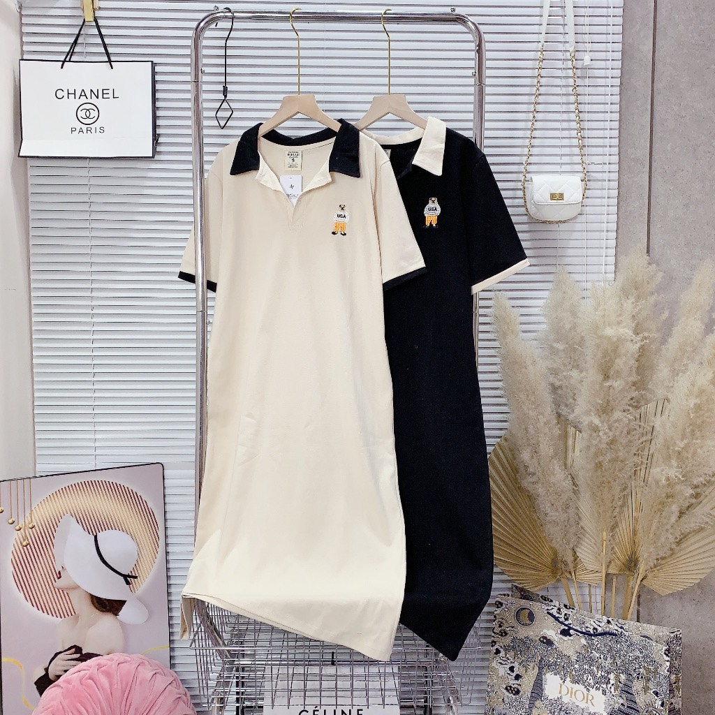 Đầm suông Váy thun polo dáng dài cổ phối màu thêu logo gấu dáng rộng cộc tay nữ ngắn tay cổ bẻ phối viền bầu xinh T1236G