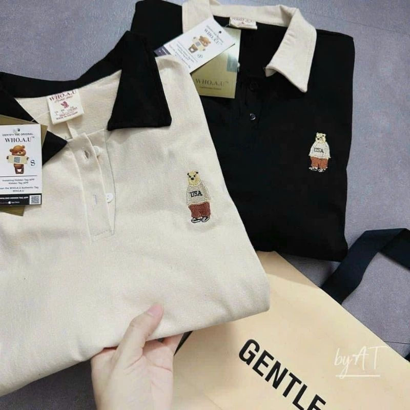 Đầm suông Váy thun polo dáng dài cổ phối màu thêu logo gấu dáng rộng cộc tay nữ ngắn tay cổ bẻ phối viền bầu xinh T1236G