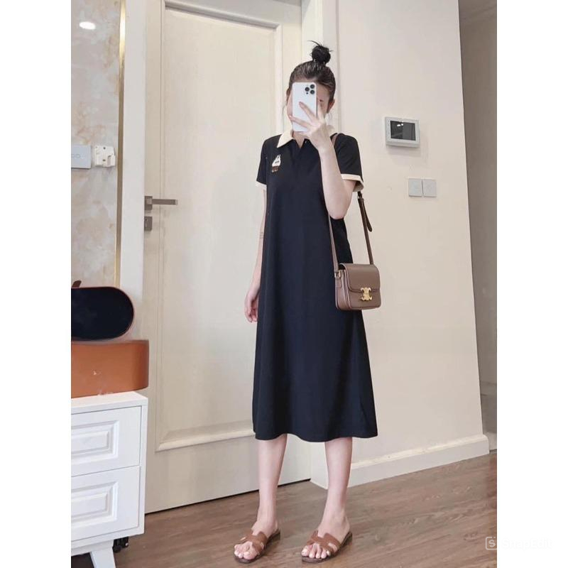 Đầm suông Váy thun polo dáng dài cổ phối màu thêu logo gấu dáng rộng cộc tay nữ ngắn tay cổ bẻ phối viền bầu xinh T1236G