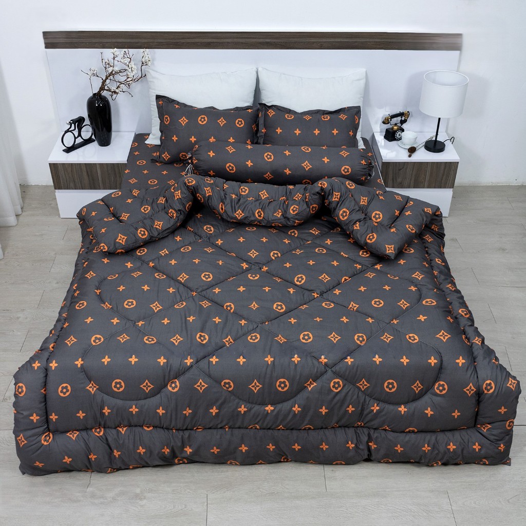 Bộ 5 món ga gối và chăn poly cotton mền chần bông dày chăn trần siêu nhẹ - chất liệu mềm mại - họa tiết đen cá tính | BigBuy360 - bigbuy360.vn