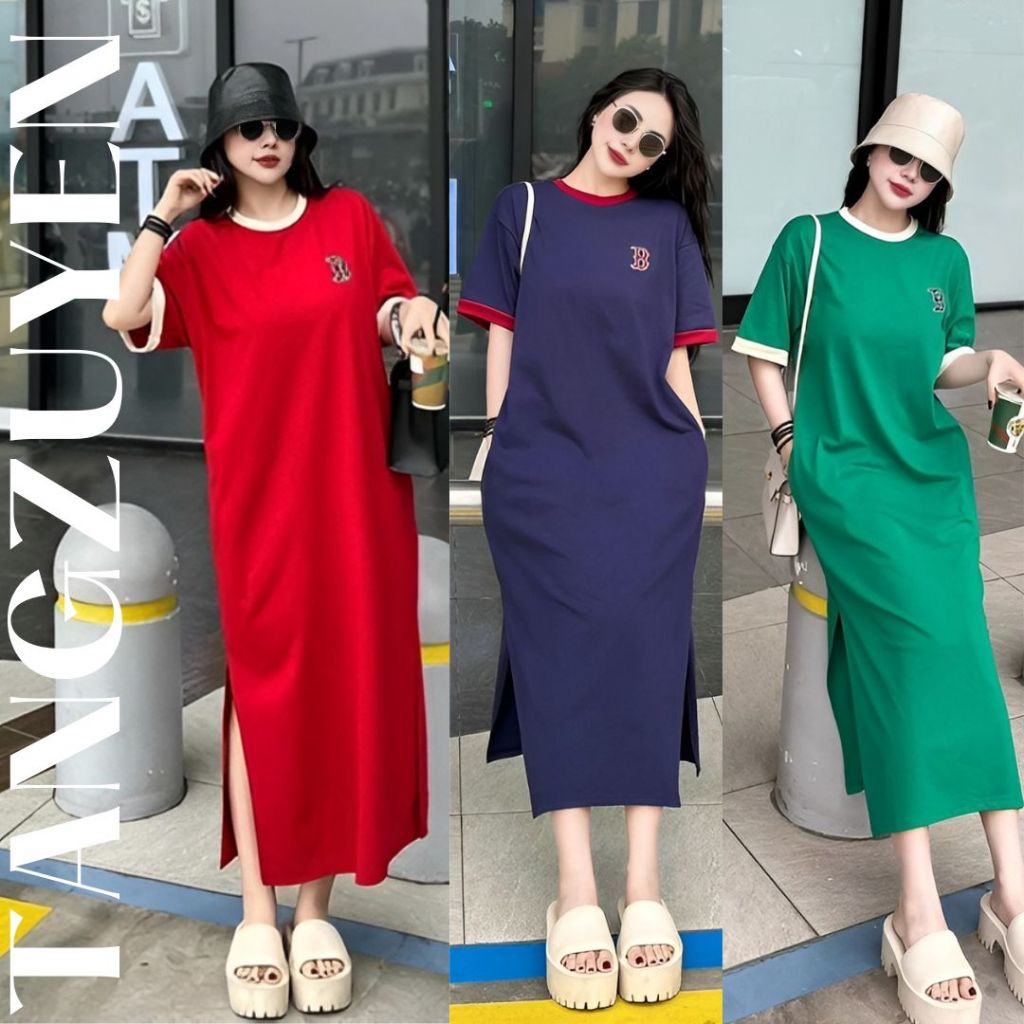 Đầm nữ cộc tay dáng dài xẻ tà không cổ bigsize Váy thun cotton dáng suông rộng bầu big size mặc được logo chữ B T1228G