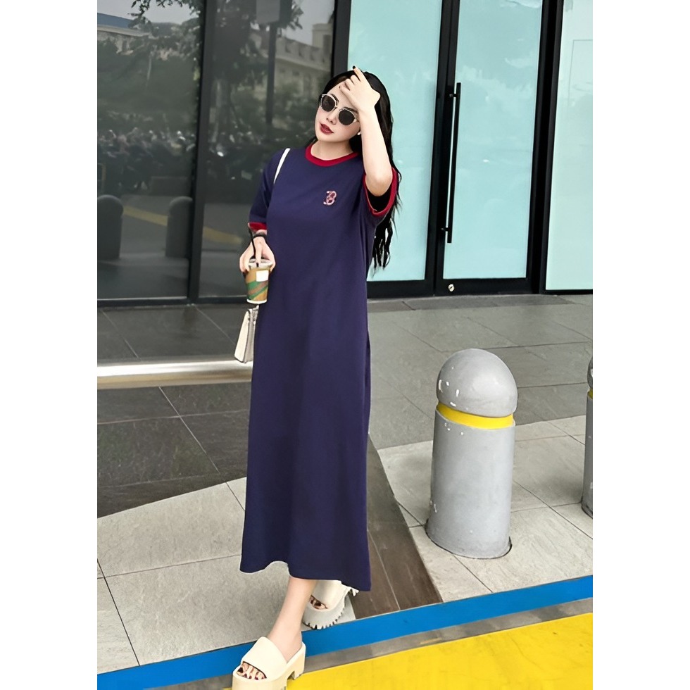Đầm nữ cộc tay dáng dài xẻ tà không cổ bigsize Váy thun cotton dáng suông rộng bầu big size mặc được logo chữ B T1228G