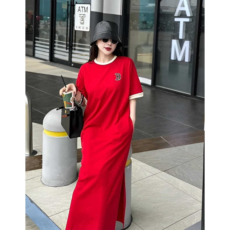 Đầm nữ cộc tay dáng dài xẻ tà không cổ bigsize Váy thun cotton dáng suông rộng bầu big size mặc được logo chữ B T1228G