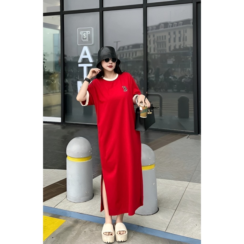 Đầm nữ cộc tay dáng dài xẻ tà không cổ bigsize Váy thun cotton dáng suông rộng bầu big size mặc được logo chữ B T1228G