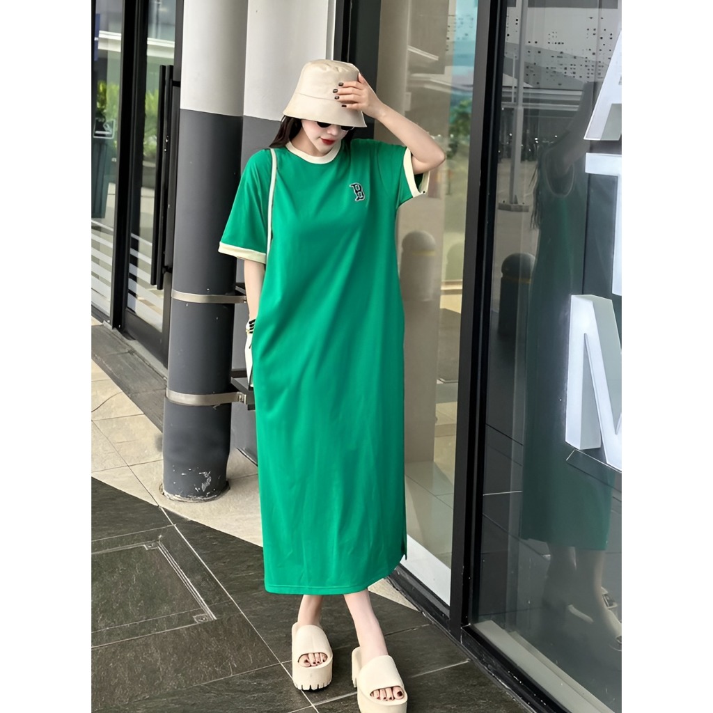 Đầm nữ cộc tay dáng dài xẻ tà không cổ bigsize Váy thun cotton dáng suông rộng bầu big size mặc được logo chữ B T1228G