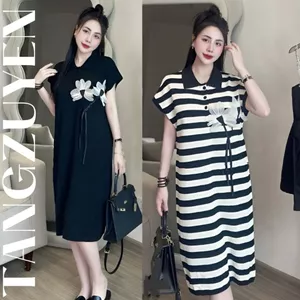 Đầm nữVáy polo dáng dài suông côc tay form rộng đính hoa nổi đen kẻ ngang cổ bẻ bigsize bầu form rộng trẻ trung T1247G