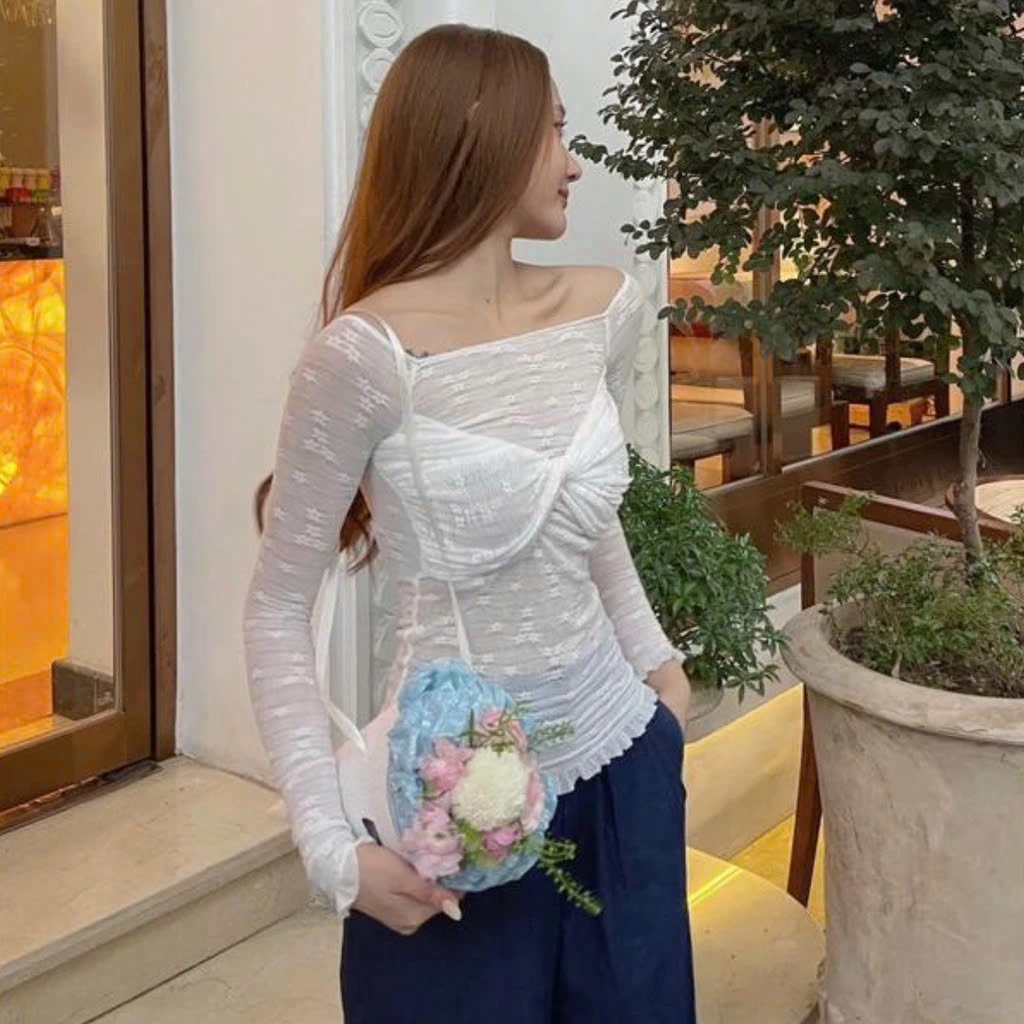 [Video Sp Thực Tế] Áo Ren Hoa MCA Tay Dài Trễ Vai Kiểu Xoắn Ngực Ôm Body Tôn Dáng Sexy A.51163