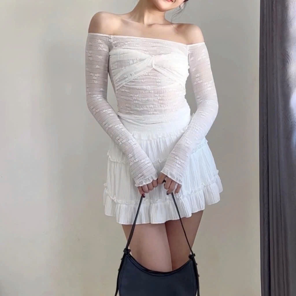 [Video Sp Thực Tế] Áo Ren Hoa MCA Tay Dài Trễ Vai Kiểu Xoắn Ngực Ôm Body Tôn Dáng Sexy A.51163