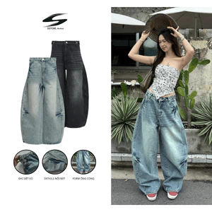Quần Jeans PREMIUM Thunder Light From Rộng Unisex Nam Nữ Tôn Dáng Có Đai Siết Eo | SSSTORE.Aesthetic