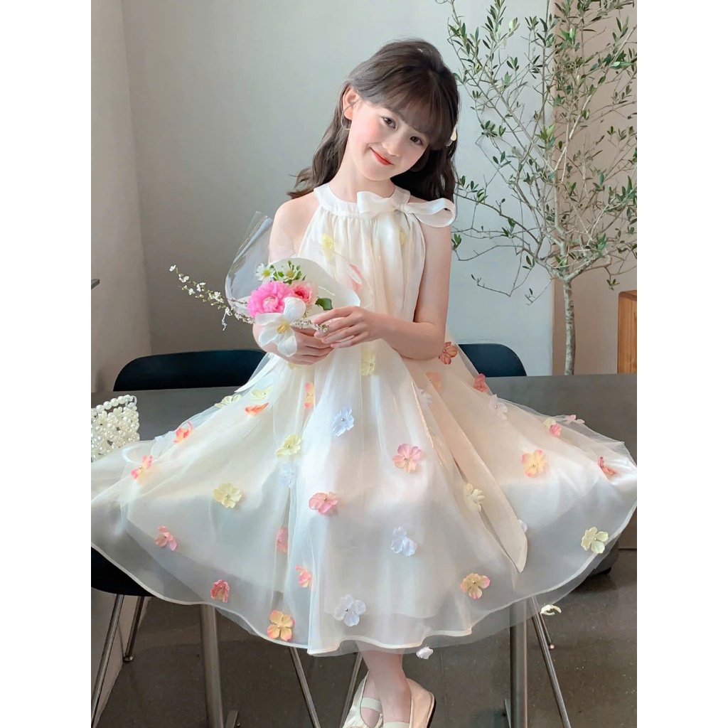 Váy Công Chúa Bé Gái Thiết Kế Nơ Cổ Sang Trọng, Đính Hoa 3D Bay Bổng, Chất Voan Tầng Mềm Mịn Cao Cấp, Mặc Đi Tiệc