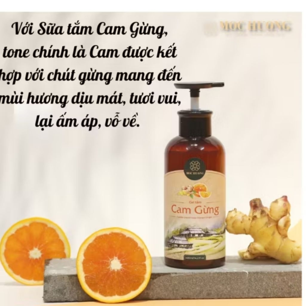Gel tắm tinh dầu cam gừng Mộc Hương - 420ml - Cấp ẩm, nhả nắng, làm sáng, mềm da