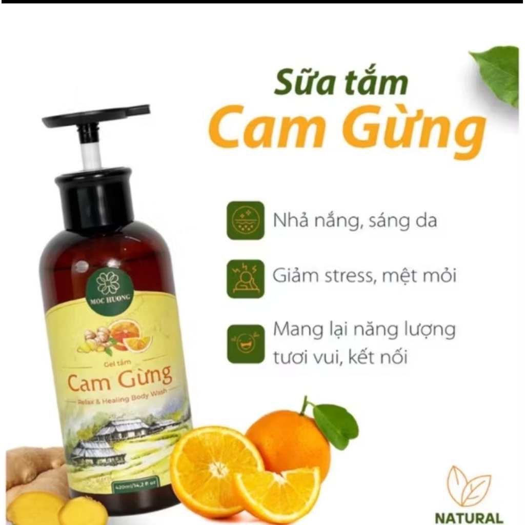 Gel tắm tinh dầu cam gừng Mộc Hương - 420ml - Cấp ẩm, nhả nắng, làm sáng, mềm da