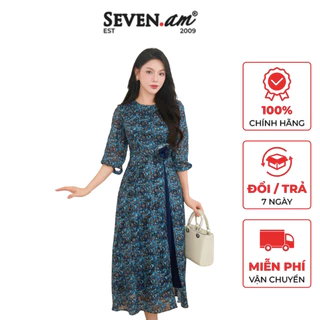 Đầm midi xoè tơ vân hoa phối hoạ tiết thời trang nữ Seven.AM H633692I
