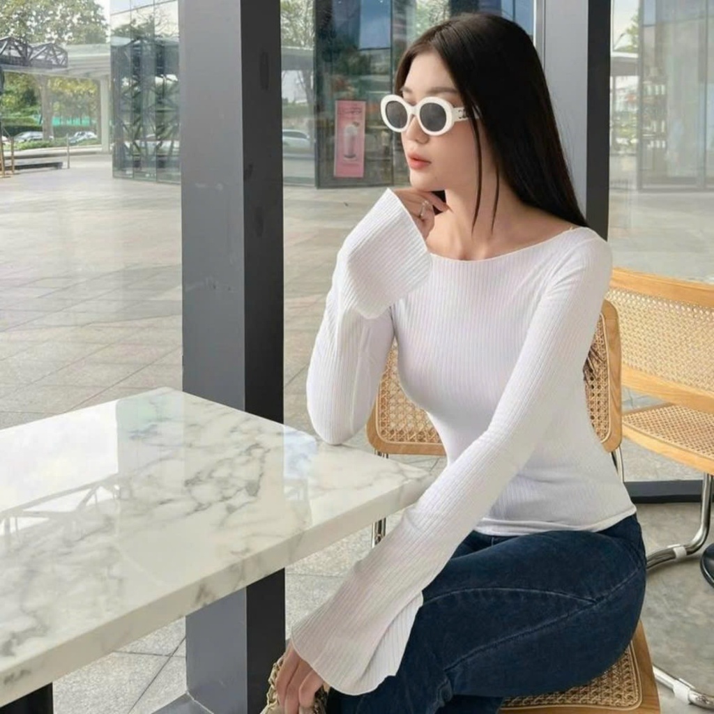 [ Video thực tế sp ] Áo body tay dài kiểu nữ tay loa xẻ, áo nữ basic, áo thun cổ thuyền A5948