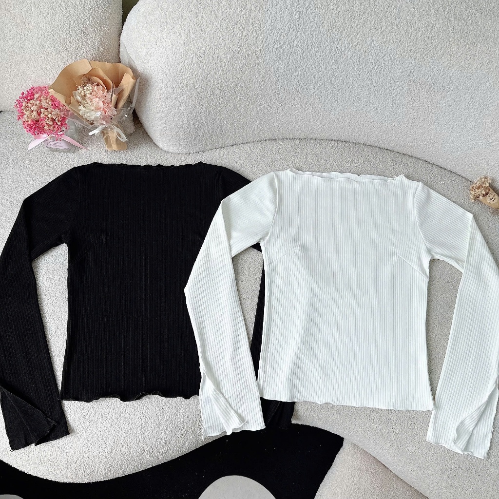 [ Video thực tế sp ] Áo body tay dài kiểu nữ tay loa xẻ, áo nữ basic, áo thun cổ thuyền A5948