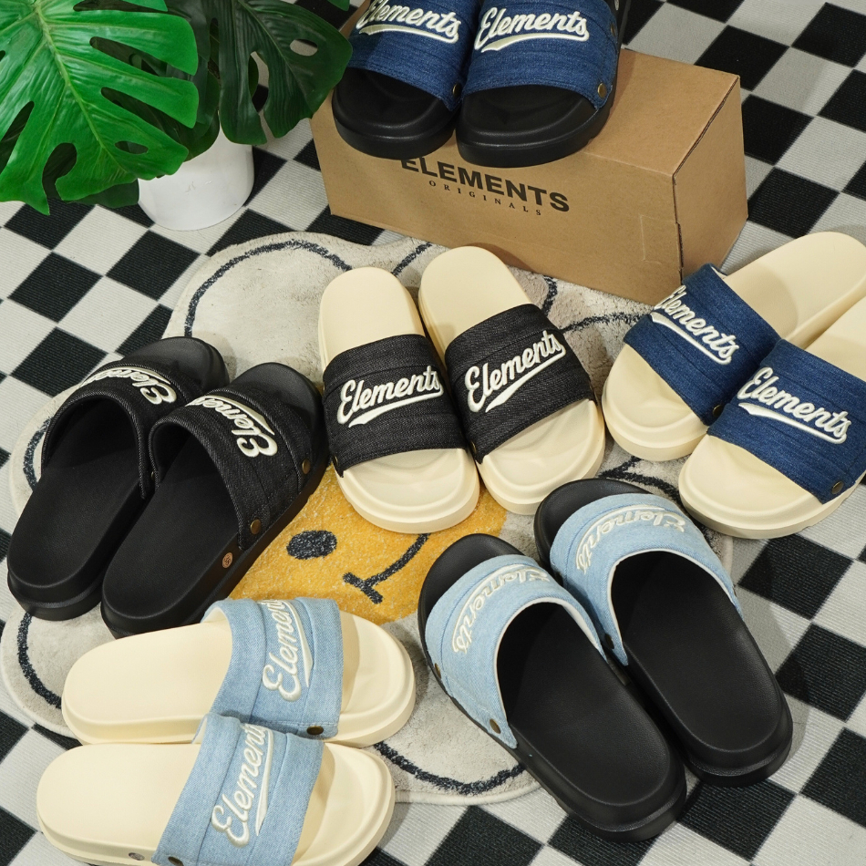 [TẶNG VỚ] E18 - Dép ELements Iconic Denim Unisex chữ thêu - (Slipper) Dép Elements vải jean đế bằng | BigBuy360 - bigbuy360.vn