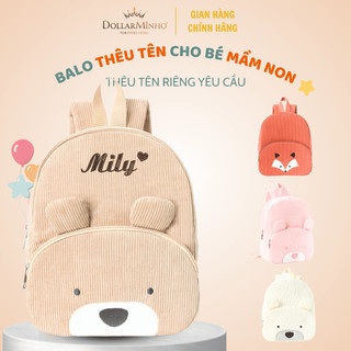 Balo Vải Nhung Kẻ Thêu Tên, Hình Gấu Chó Cáo Dễ Thương, Balo Mầm Non Cho Bé Trai Bé Gái
