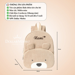 Balo Vải Nhung Kẻ Thêu Tên, Hình Gấu Chó Cáo Dễ Thương, Balo Mầm Non Cho Bé Trai Bé Gái