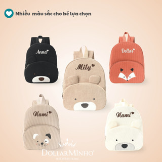Balo Vải Nhung Kẻ Thêu Tên, Hình Gấu Chó Cáo Dễ Thương, Balo Mầm Non Cho Bé Trai Bé Gái