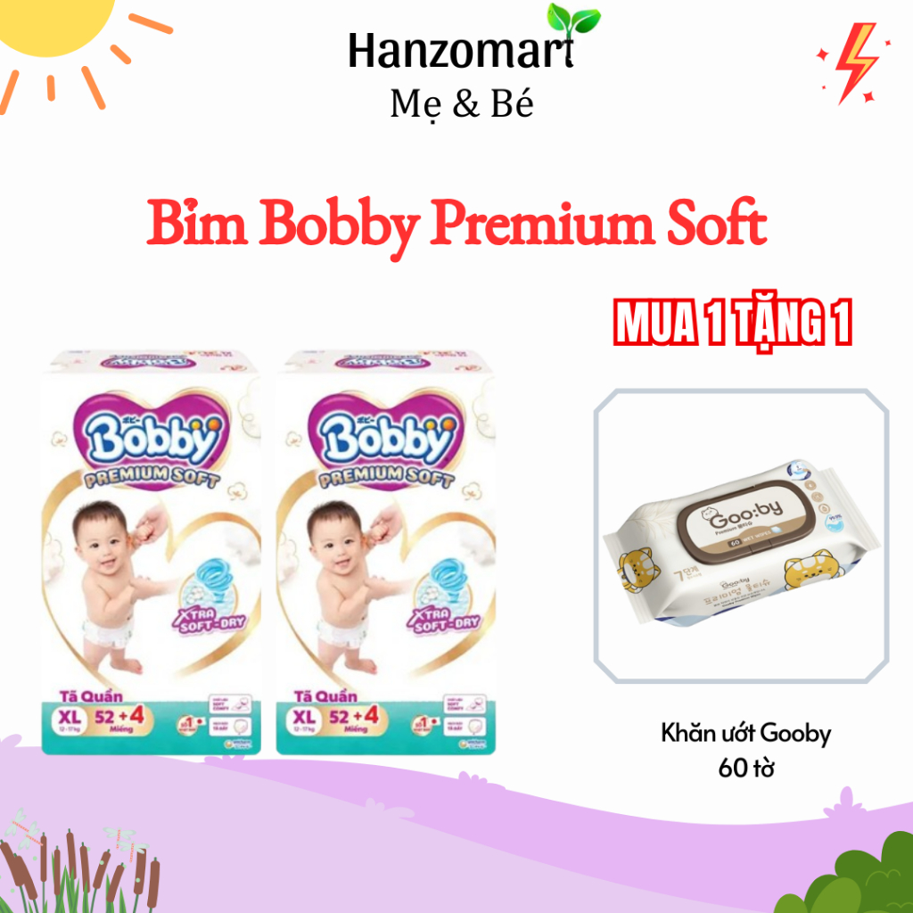 Tã Bỉm Quần Bobby Premium Soft Chính Hãng Công Nghệ Nhật Bản Mỏng,Thấm Hút Nhanh M64/L60/ XL56/XXL52