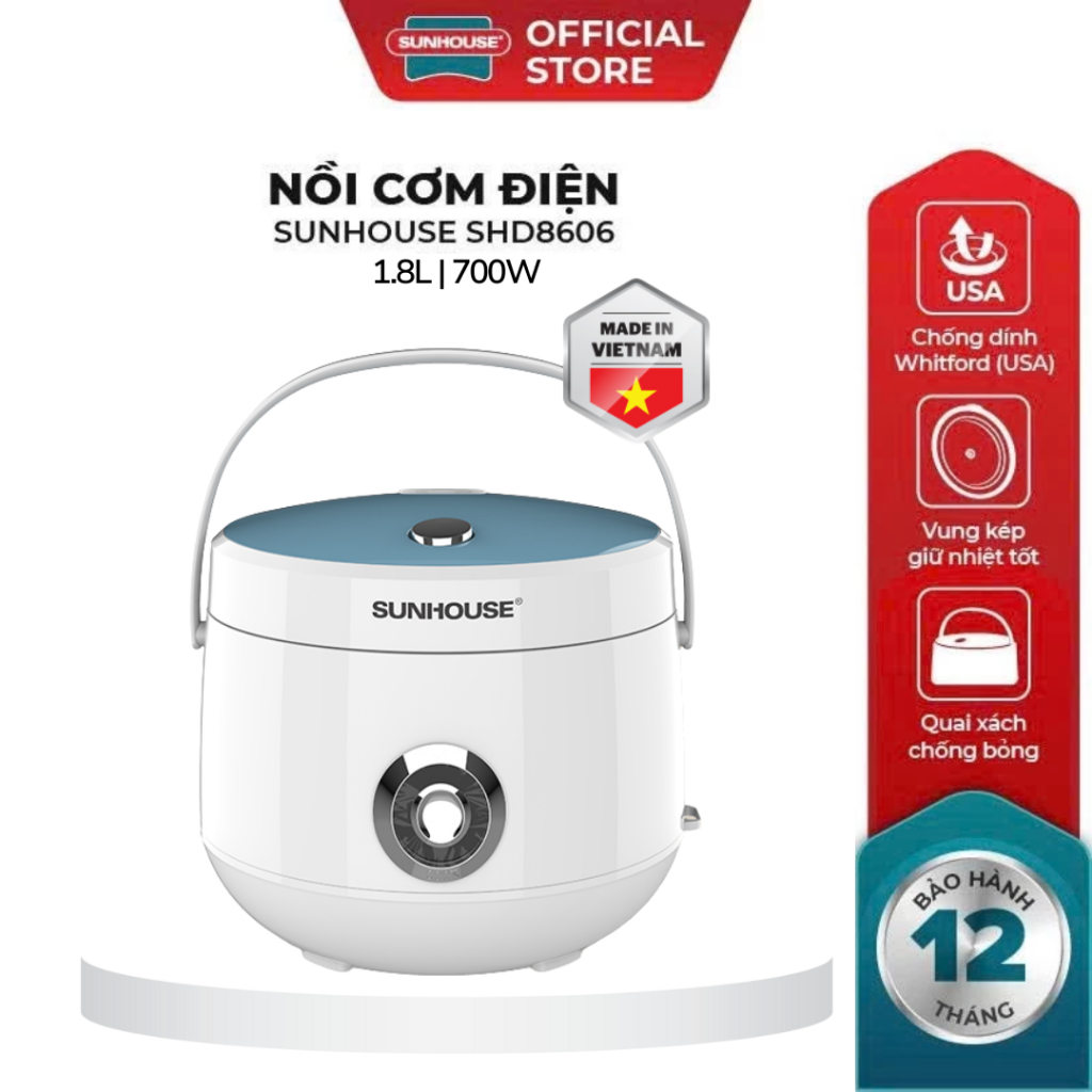 Nồi Cơm Điện SUNHOUSE SHD8606 - 1.8L, Lòng Chống Dính Whitford, Có Nắp Gài, Chịu Nhiệt Tốt