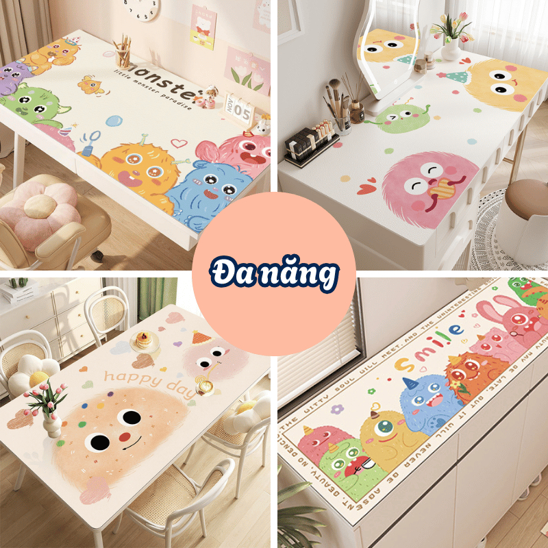 Tấm Lót Bàn Chống Thấm Nước, Khăn Trải Bàn Da PU Họa Tiết Dễ Thương Cho Bàn Học, Bàn Ăn, Bàn Trà