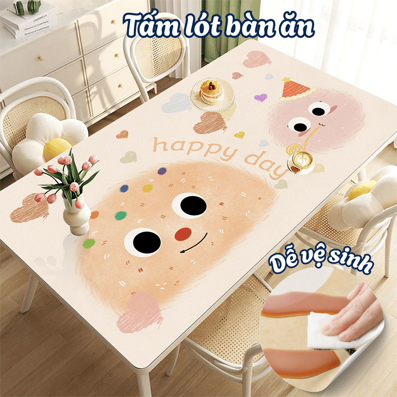 Tấm Lót Bàn Chống Thấm Nước, Khăn Trải Bàn Da PU Họa Tiết Dễ Thương Cho Bàn Học, Bàn Ăn, Bàn Trà