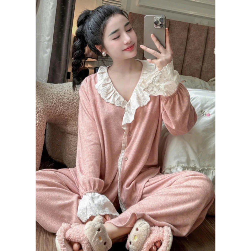 Đồ ngủ nữ, bộ pijama dài tay thu đông chất thun trơn phối gấu ren siêu xinh cho nàng diện JUN hcom3593