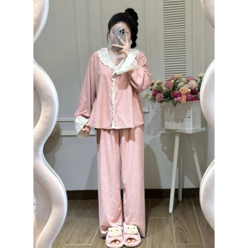 Đồ ngủ nữ, bộ pijama dài tay thu đông chất thun trơn phối gấu ren siêu xinh cho nàng diện JUN hcom3593