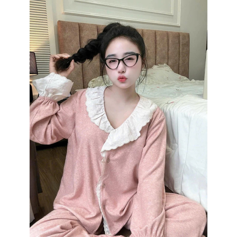 Đồ ngủ nữ, bộ pijama dài tay thu đông chất thun trơn phối gấu ren siêu xinh cho nàng diện JUN hcom3593