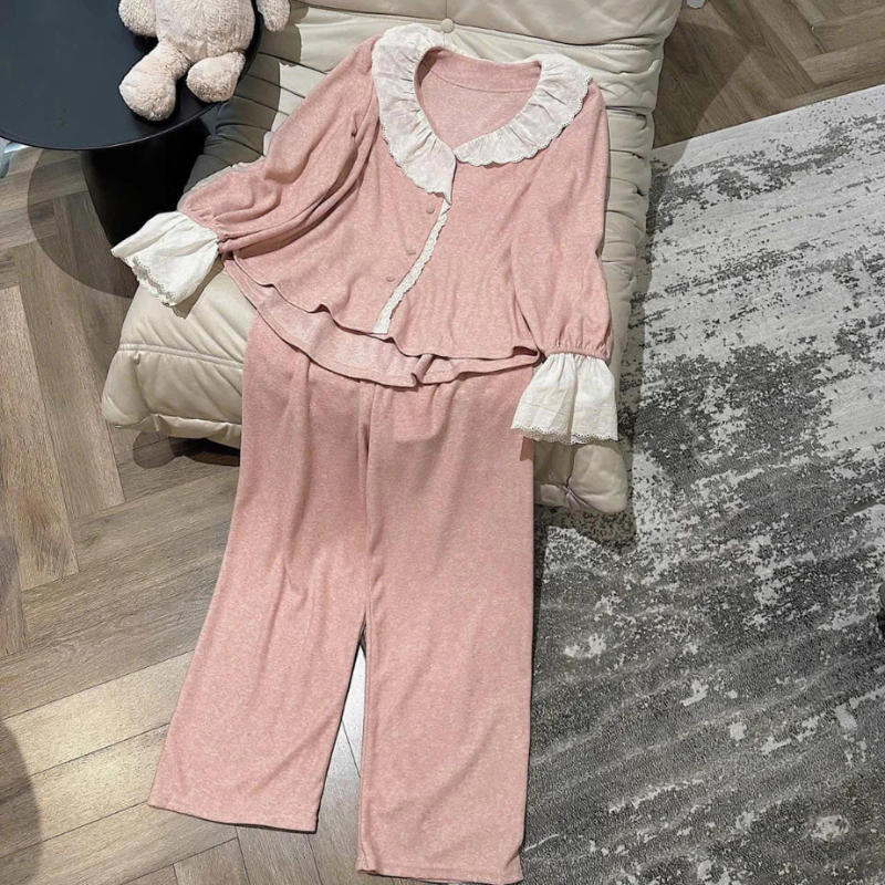 Đồ ngủ nữ, bộ pijama dài tay thu đông chất thun trơn phối gấu ren siêu xinh cho nàng diện JUN hcom3593