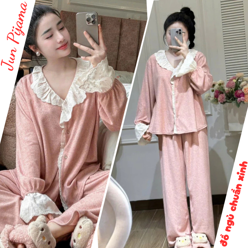 Đồ ngủ nữ, bộ pijama dài tay thu đông chất thun trơn phối gấu ren siêu xinh cho nàng diện JUN hcom3593