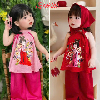 [XẢ] Bộ Yếm Mặc Tết cho bé gái có in hình, Sét Yếm 2 Dây Cho Bé Gái  lụa gấm chất mềm đẹp BB07- BEEKIDS