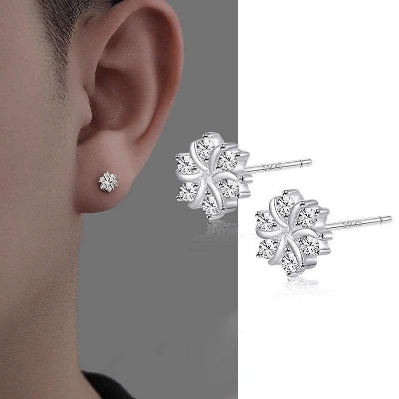 Khuyên tai nam thanh thẳng bạc S925 Snow Flower hình bông tuyết đính đá KN151 (1 chiếc) | GEMY SILVER