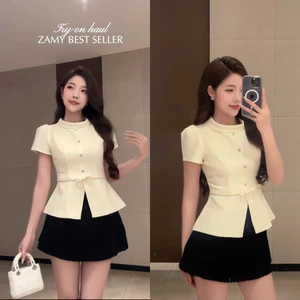 Áo Kiểu Cổ Tròn Chiết Ly Eo Chất Chéo Ý Cúc Đồng Nơ Eo