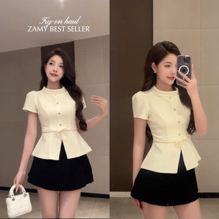 [A0.238] Áo Kiểu Cổ Tròn Chiết Ly Eo Chất Chéo Ý Cúc Đồng Nơ Eo