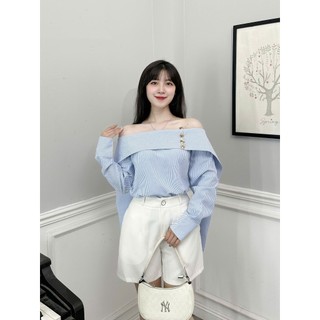 Áo kẻ trễ vai kiểu tà nữ tay dài phong cách Hàn Quốc 247store Áo kiểu nữ dễ thương đi chơi đi học