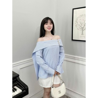 Áo kẻ trễ vai kiểu tà nữ tay dài phong cách Hàn Quốc 247store Áo kiểu nữ dễ thương đi chơi đi học