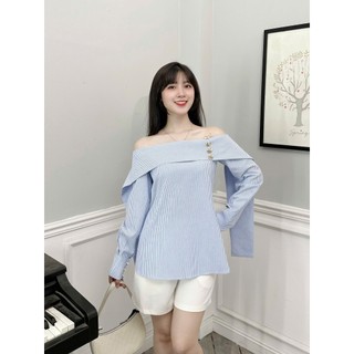 Áo kẻ trễ vai kiểu tà nữ tay dài phong cách Hàn Quốc 247store Áo kiểu nữ dễ thương đi chơi đi học